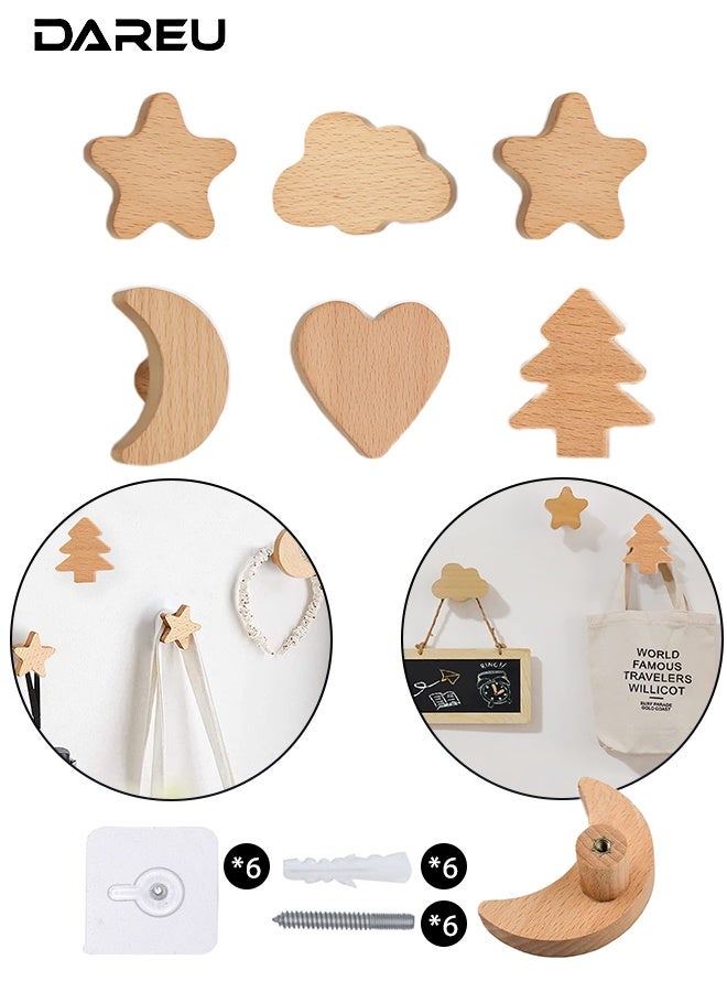 DAREU Wooden Star & Moon Cabinet Knobs (Set of 6) – Decorative Drawer Pulls & Kids Nursery Furniture Handles with Screws - Image 1