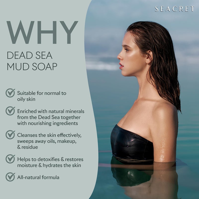 SEACRET Minerals Mud Soap Bar, All-Natural Deep Sea Black Mud, Enriched with Witch Hazel & Sea Salt for Cleaning, Exfoliating, Detoxifying Face & Body, Normal to Oily Skin, 4.4 Oz / 125 ml - Pack of 1 - Image 5