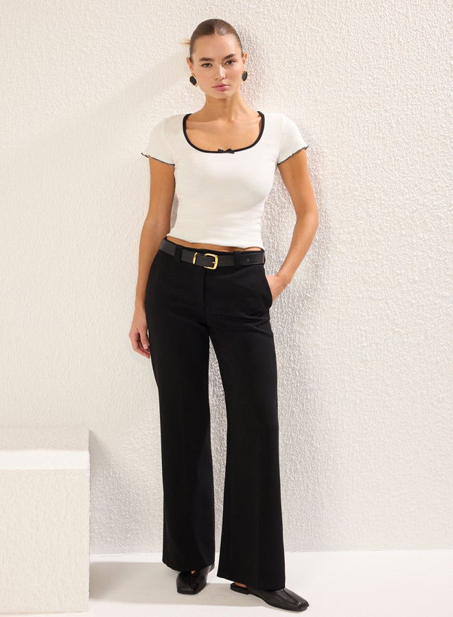 trendyol Ecru Bow Contrast Piping Detail Fitted/Fits the Body Elastic Knitted Blouse  - Image 2