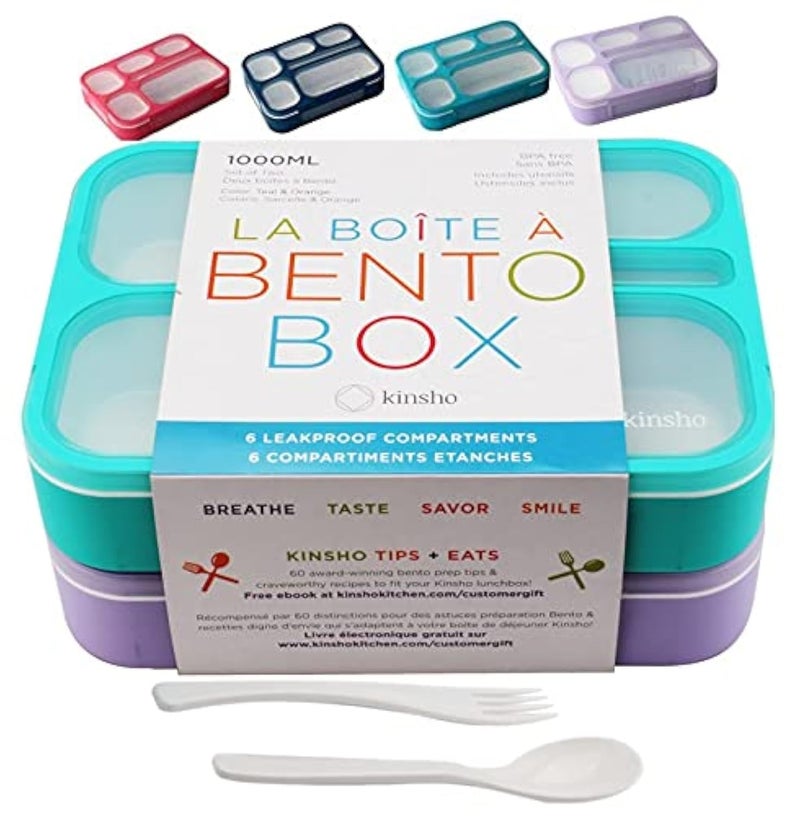 kinsho Bento Lunch Box Kids  Adult Leakproof Lunch Containers for Boys  Girls with 6 Compartments  School Daycare Meal Planning Portion Control Container BPAFree Boxes Utensils  Purple Teal