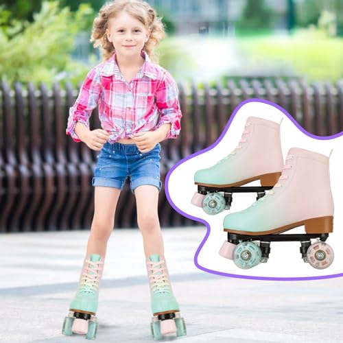 Magnitt Roller Skates for Girl and Women Rainbow Leather Roller Skate Ages 8-12 for Beginner Indoor Outdoor (Pink US:5) - Image 2