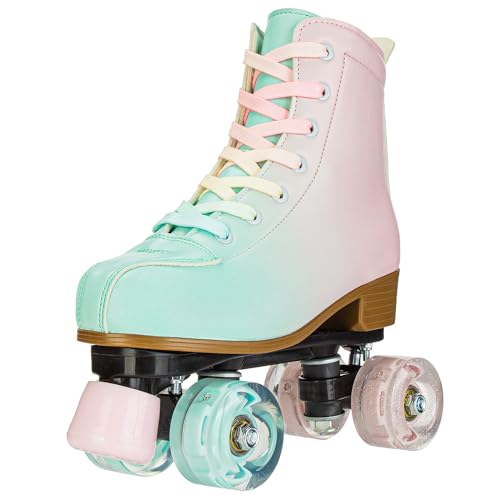 Magnitt Roller Skates for Girl and Women Rainbow Leather Roller Skate Ages 8-12 for Beginner Indoor Outdoor (Pink US:5) - Image 1
