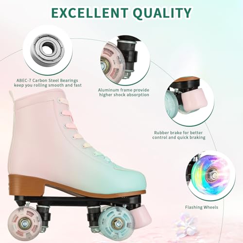 Magnitt Roller Skates for Girl and Women Rainbow Leather Roller Skate Ages 8-12 for Beginner Indoor Outdoor (Pink US:5) - Image 4