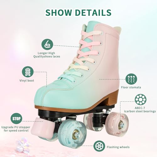 Magnitt Roller Skates for Girl and Women Rainbow Leather Roller Skate Ages 8-12 for Beginner Indoor Outdoor (Pink US:5) - Image 5