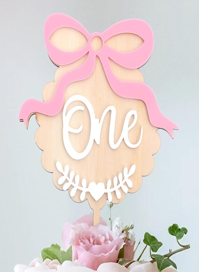 ZZDCMS Pink Bow One Cake Topper - Sweet 1st Birthday Decorations, First Bow Theme Wooden And Acrylic, Pink And White One Cake Topper, Boho 1st Birthday Photo Smash Props - Image 1