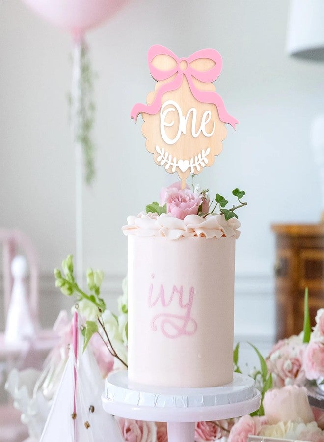 ZZDCMS Pink Bow One Cake Topper - Sweet 1st Birthday Decorations, First Bow Theme Wooden And Acrylic, Pink And White One Cake Topper, Boho 1st Birthday Photo Smash Props - Image 4