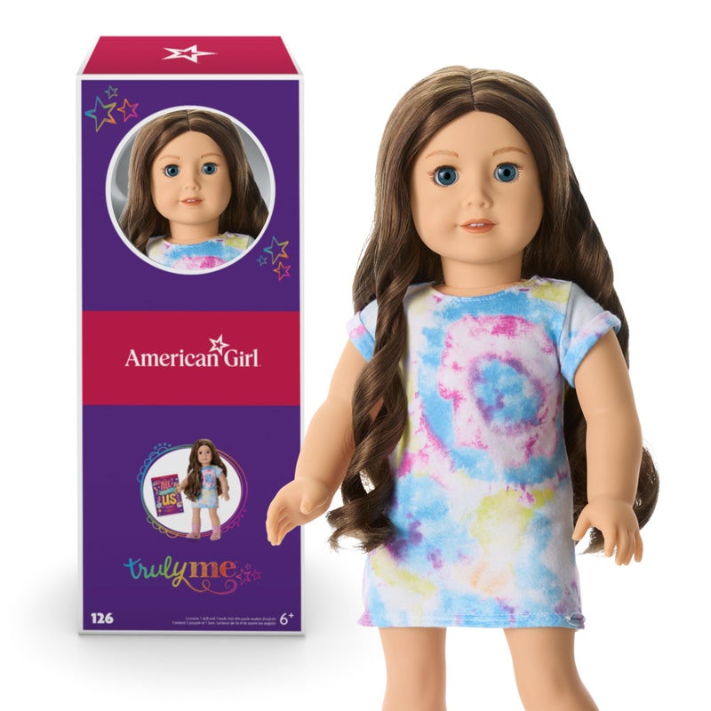 دمية أمريكان جيرل ترولي مي 18 بوصة 126 بعيون زرقاء وشعر بني مموج وبشرة فاتحة مع درجات زيتونية دافئة للأعمار من 6 سنوات