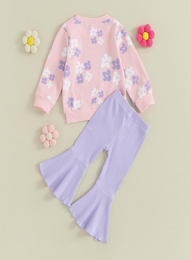 SAYOO Baby Girl Fall Winter Clothes Floral Bow Knit Crewneck Sweatshirts Top Flare Pants Set Toddler Bell-Bottoms Outfits (A Pink, 4-5T) - Image 3