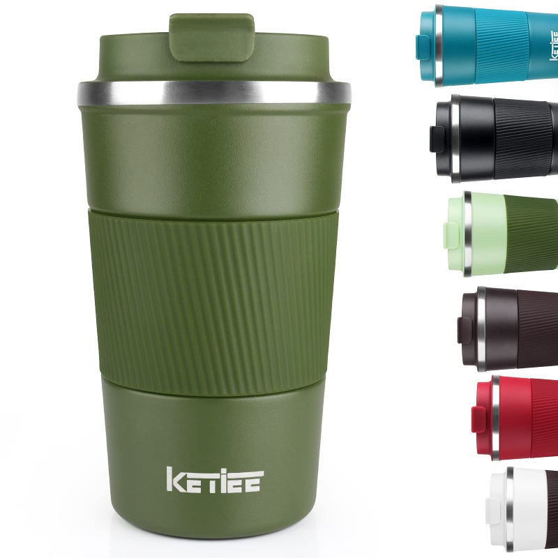 Ketiee Travel Coffee Mug 12oz: فراغ معزول كوب من القهوة مع مقاومة تسرب القهوة القهوة القهوة قابلة لإعادة الاستخدام قهوة جدار مزدوج القهوة الفولاذ المقاوم للصدأ للذهاب لتناول شاي القهوة الساخنة/الجليد (الجيش الأخضر) - Image 1