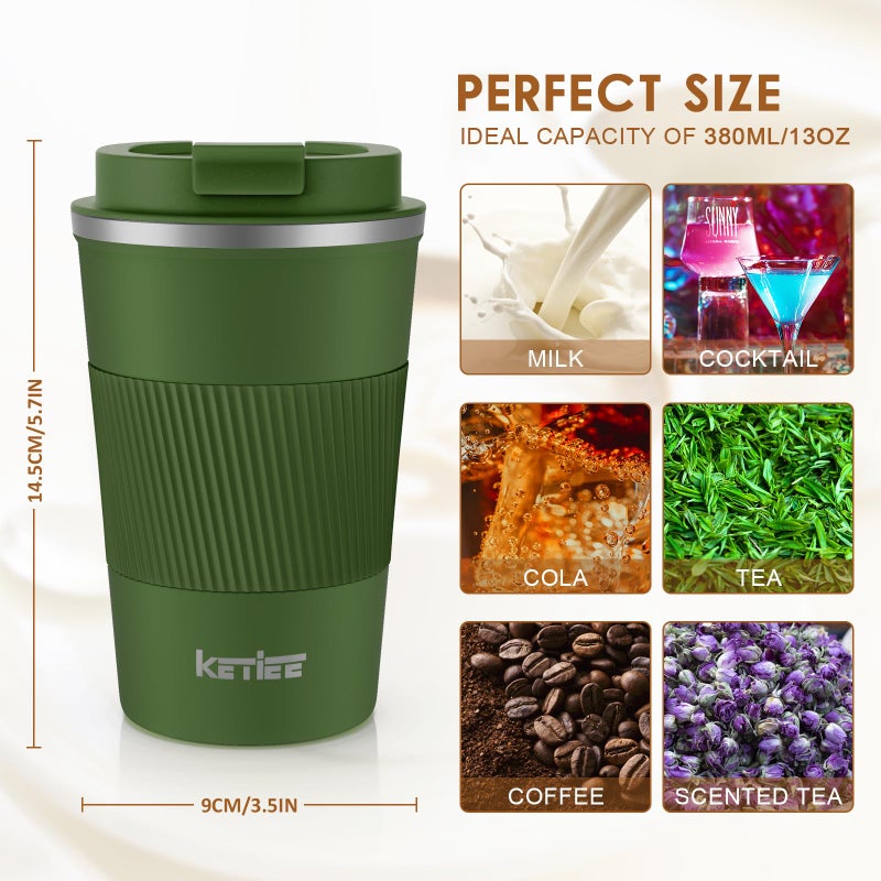 Ketiee Travel Coffee Mug 12oz: فراغ معزول كوب من القهوة مع مقاومة تسرب القهوة القهوة القهوة قابلة لإعادة الاستخدام قهوة جدار مزدوج القهوة الفولاذ المقاوم للصدأ للذهاب لتناول شاي القهوة الساخنة/الجليد (الجيش الأخضر) - Image 5