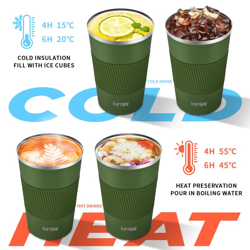 Ketiee Travel Coffee Mug 12oz: فراغ معزول كوب من القهوة مع مقاومة تسرب القهوة القهوة القهوة قابلة لإعادة الاستخدام قهوة جدار مزدوج القهوة الفولاذ المقاوم للصدأ للذهاب لتناول شاي القهوة الساخنة/الجليد (الجيش الأخضر) - Image 3