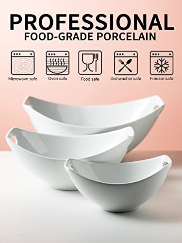 Gomakren Serving Bowls with Handles, Serving Dishes, Porcelain Salad Bowls Mixing Bowl for Entertaining, Nesting Bowl Set of 3, Microwave Dishwasher Safe, 15/28/47 oz, White - Image 3