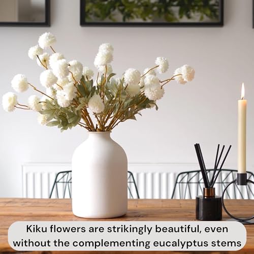 RyddeligHome White Faux Flowers for Vase - Kiku 10 Stems & Eucalyptus, Fake Flowers Stems for Pottery Vase, Realistic Artificial Flowers, Pom Pom Balls for Aesthetic Farmhouse Barn Room Decor - Image 5