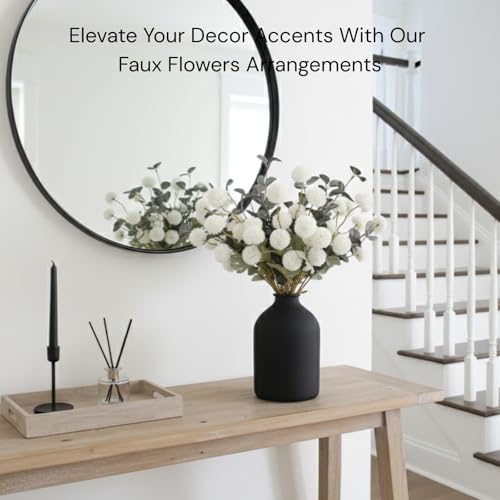 RyddeligHome White Faux Flowers for Vase - Kiku 10 Stems & Eucalyptus, Fake Flowers Stems for Pottery Vase, Realistic Artificial Flowers, Pom Pom Balls for Aesthetic Farmhouse Barn Room Decor - Image 2