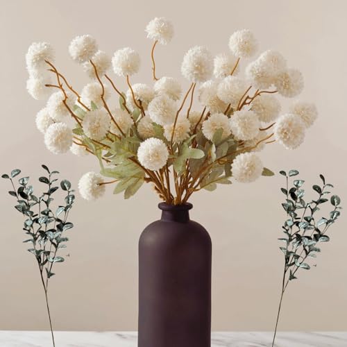 RyddeligHome White Faux Flowers for Vase - Kiku 10 Stems & Eucalyptus, Fake Flowers Stems for Pottery Vase, Realistic Artificial Flowers, Pom Pom Balls for Aesthetic Farmhouse Barn Room Decor - Image 1