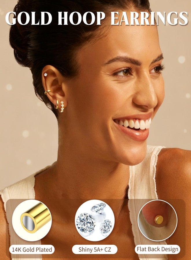 FUNRUN JEWELRY أقراط هووب صغيرة مطلية بالذهب عيار 14 قيراط من FUNRUN JEWELRY للنساء، مصنوعة من الفولاذ المقاوم للصدأ الجراحي، مجموعة أقراط هاجي العصرية للثقب المتعدد، أكوام أقراط الغضروف العصرية - Image 3