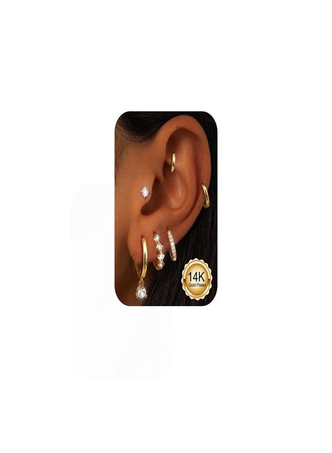 FUNRUN JEWELRY أقراط هووب صغيرة مطلية بالذهب عيار 14 قيراط من FUNRUN JEWELRY للنساء، مصنوعة من الفولاذ المقاوم للصدأ الجراحي، مجموعة أقراط هاجي العصرية للثقب المتعدد، أكوام أقراط الغضروف العصرية - Image 1