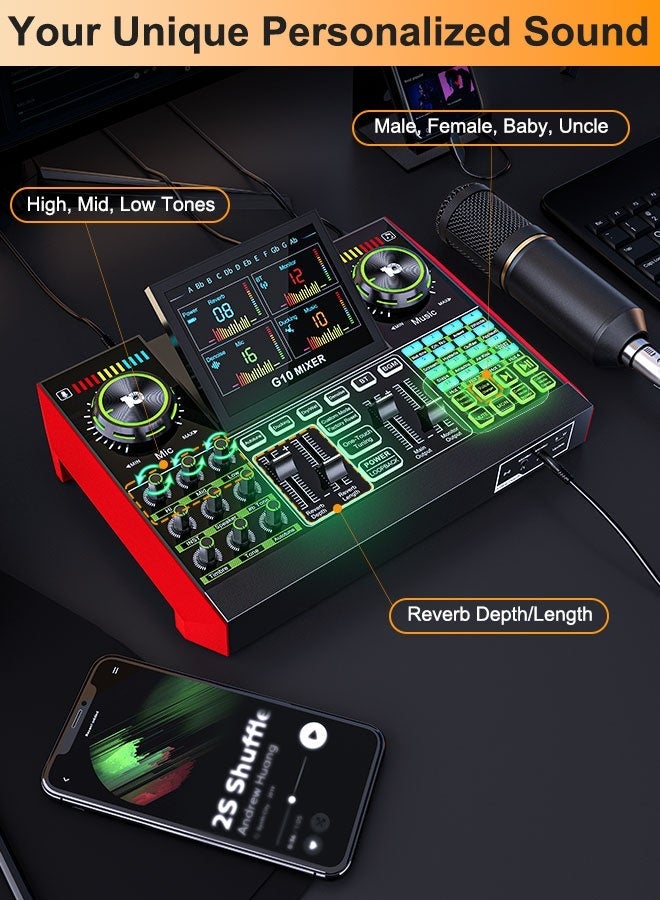 Tenlamp G10 واجهة صوتية: خلاط صوتي قابل للتعديل، ومنصة DJ مع مؤثرات خاصة ومغير للصوت. معدات استوديو احترافية لصناعة البودكاست مع ميزة تصحيح النغمة بنقرة واحدة ووضع الغناء المصاحب. مثالية للبث المباشر، والبودكاست، والألعاب. - Image 2