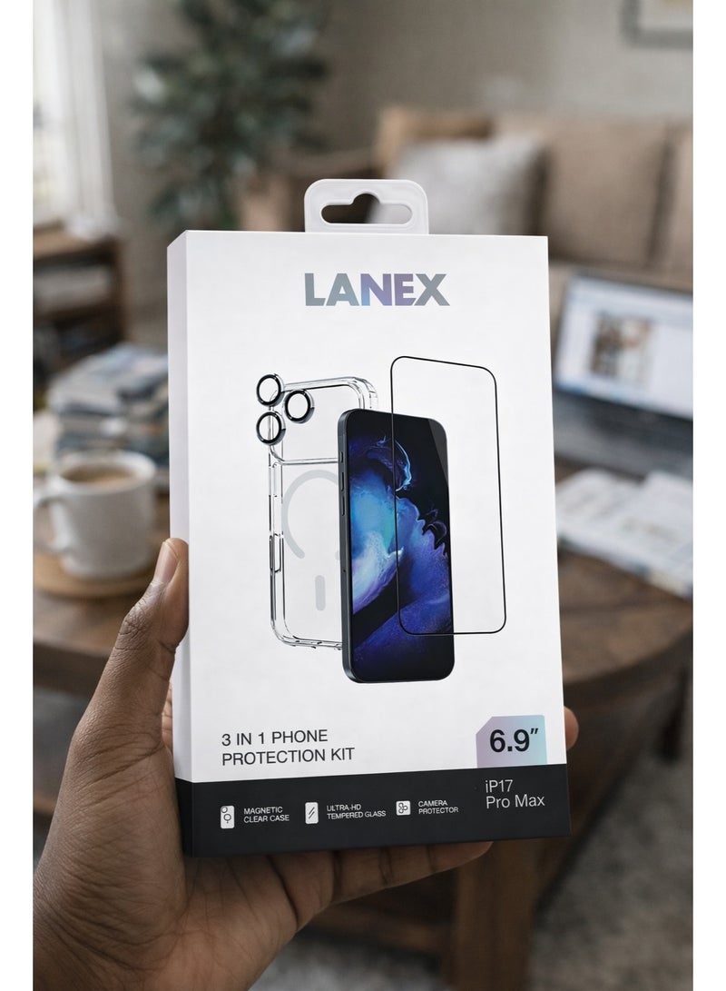 لانيكس باكدج حماية متكامل 3 في 1 لهاتف 17 برو ماكس (6.9 بوصة) - جراب شفاف مغناطيسي + شاشة حماية زجاجية + واقي عدسات الكاميرا - Image 2