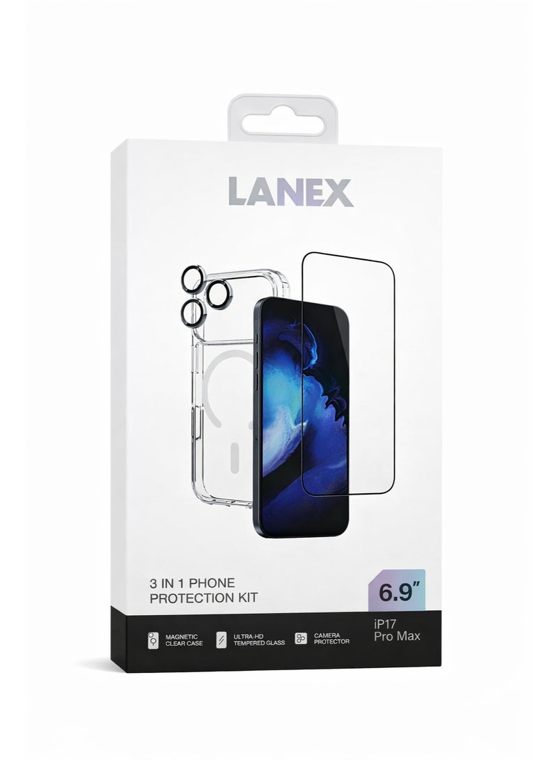 لانيكس باكدج حماية متكامل 3 في 1 لهاتف 17 برو ماكس (6.9 بوصة) - جراب شفاف مغناطيسي + شاشة حماية زجاجية + واقي عدسات الكاميرا - Image 1