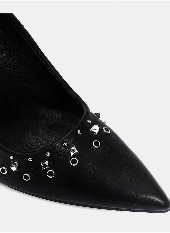 DejaVu Black Leather Heeled Stilettos With Studs  - Image 5
