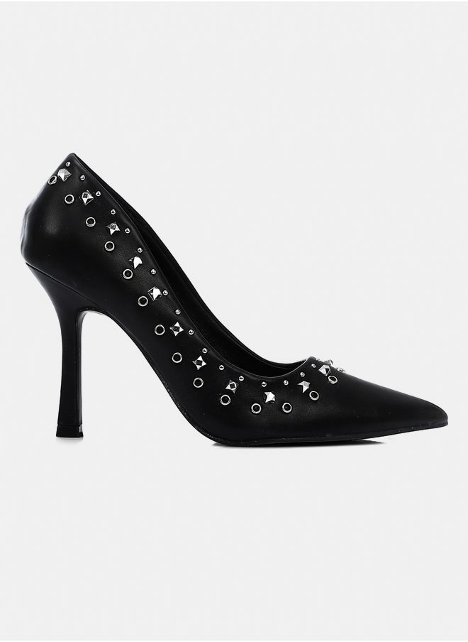 DejaVu Black Leather Heeled Stilettos With Studs  - Image 2