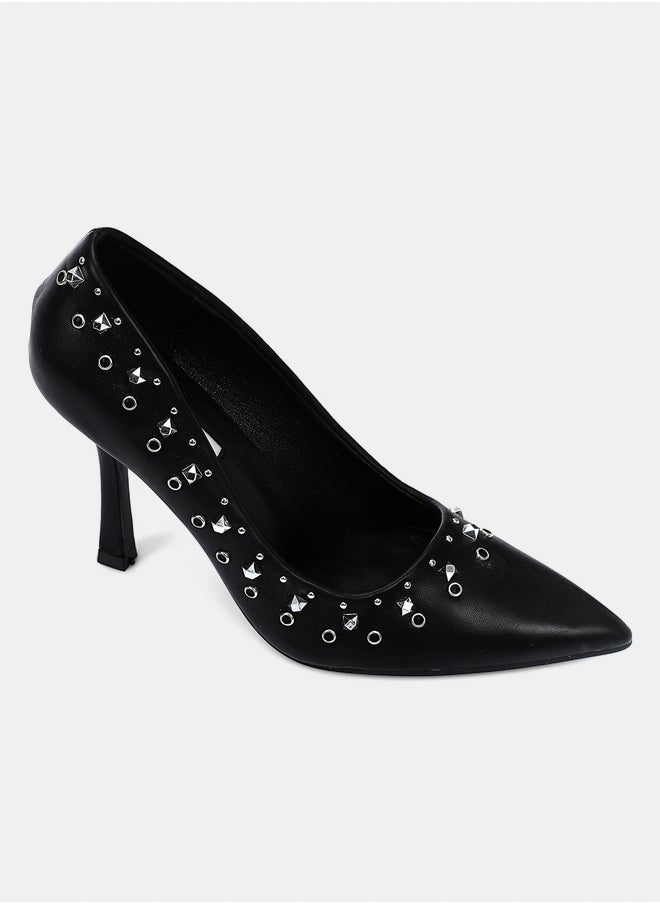 DejaVu Black Leather Heeled Stilettos With Studs  - Image 1