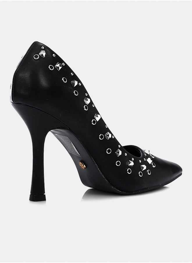 DejaVu Black Leather Heeled Stilettos With Studs  - Image 3