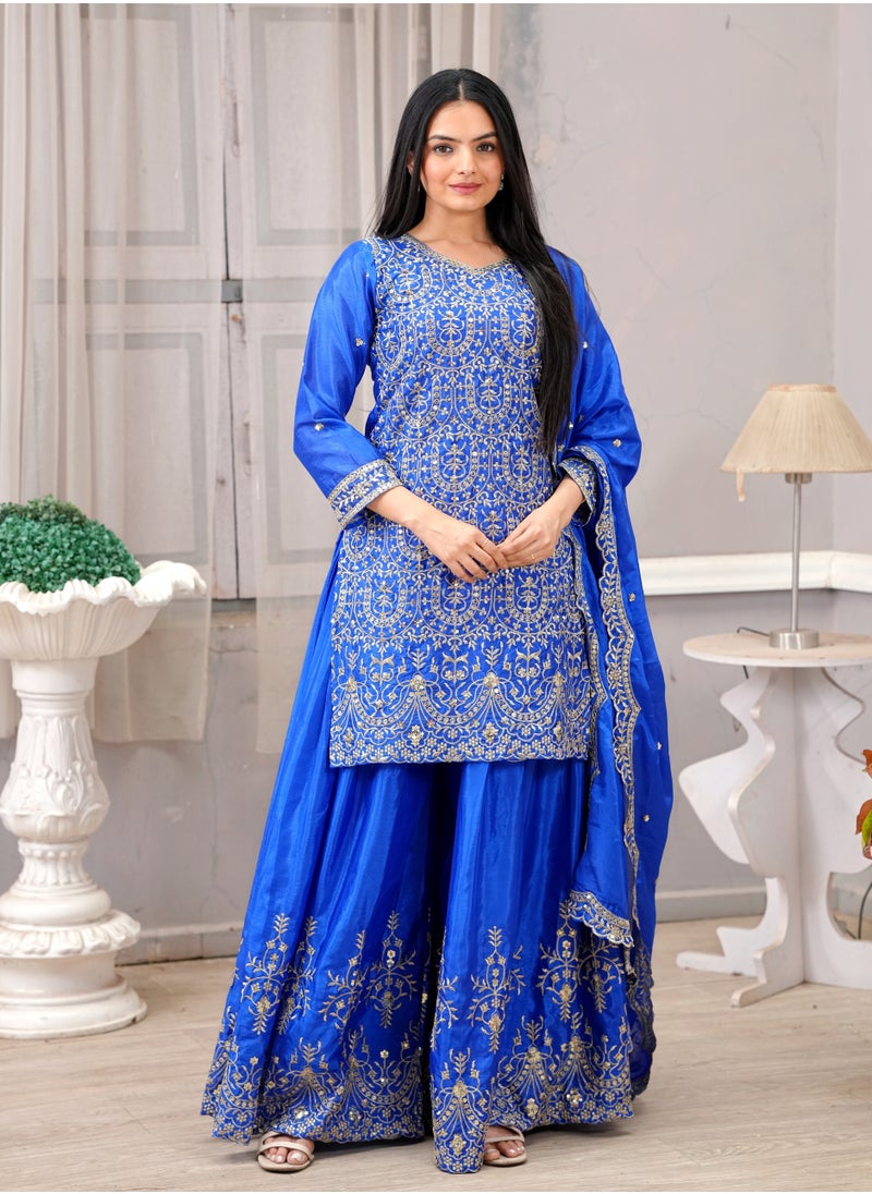 Super Asian Chiffon Sharara Set with Sequence Embroidery & Heavy Embroidered Dupatta  - Image 1