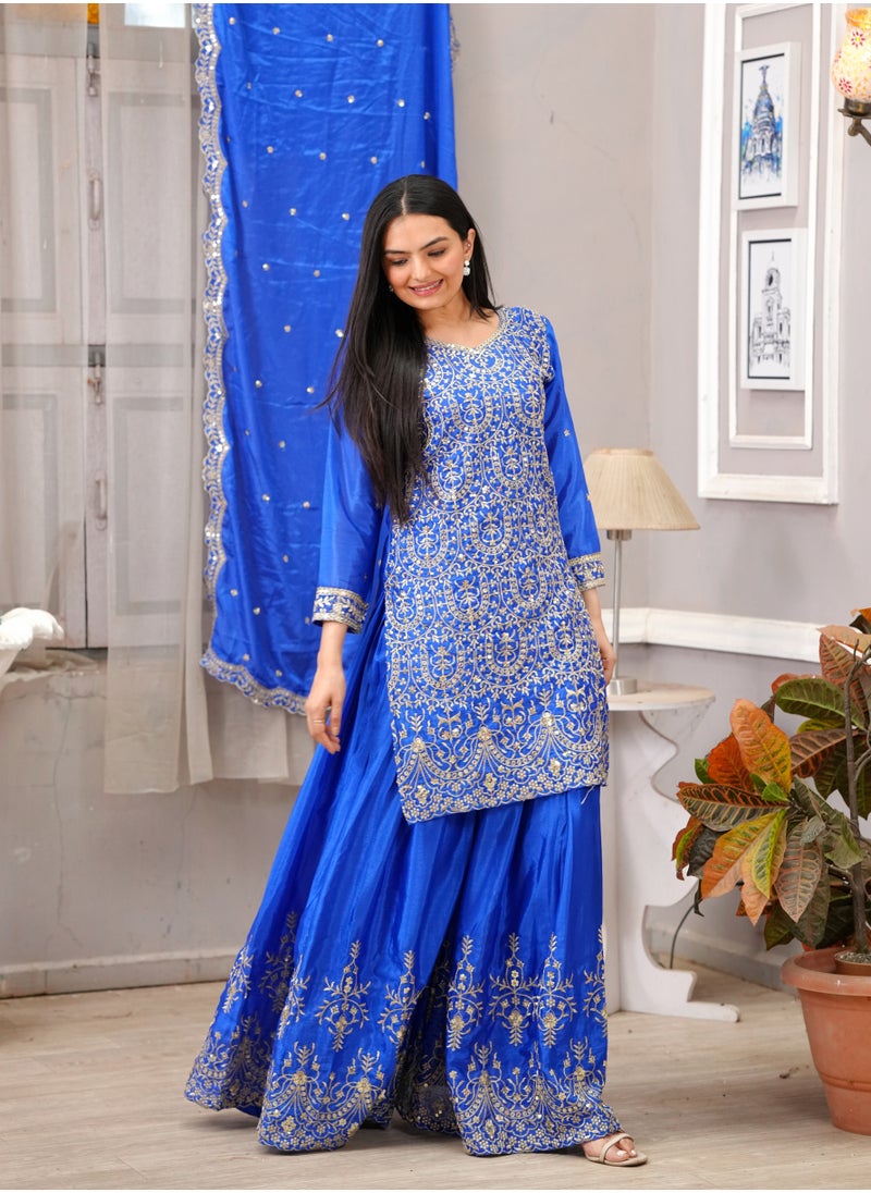 Super Asian Chiffon Sharara Set with Sequence Embroidery & Heavy Embroidered Dupatta  - Image 3
