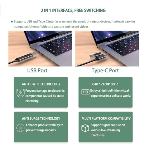 AMZHRLY 4K HDMI to USB 3.0 Type C Video Capture Card 1080P 60FPS Cam Link Capture Adapter Screen Record Device for Streaming, Gaming, Video Conference, Teaching, Live Broadcasting - Image 4