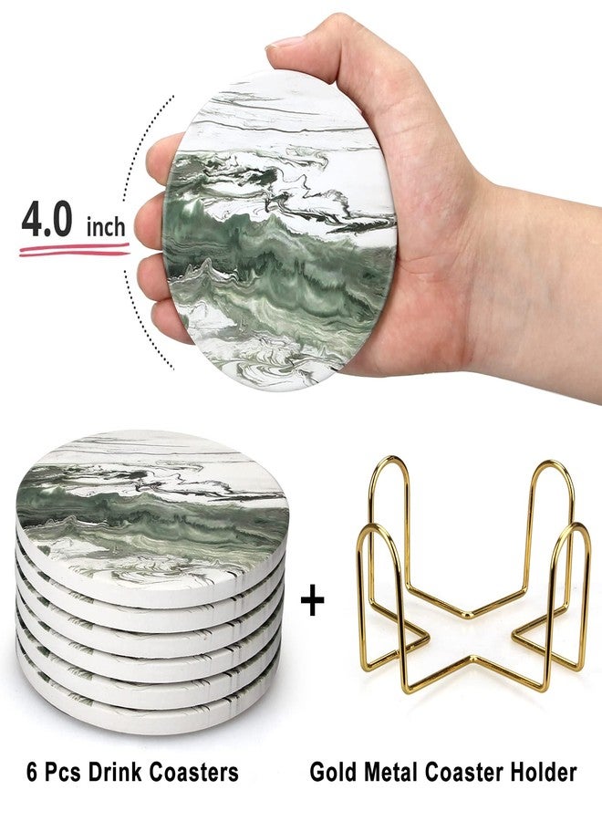 Dksyee 6 Pcs Green Ceramic Coasters with Holder Round Cool Drink Best Modern Absorbent Coaster Set for Coffee Table, Art Decorative Coasters, Bar, Farmhouse, Outdoor Cup Coaster Gifts - Image 3