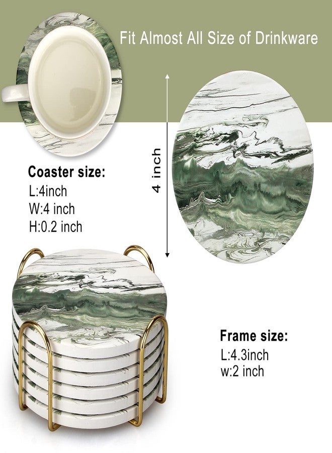 Dksyee 6 Pcs Green Ceramic Coasters with Holder Round Cool Drink Best Modern Absorbent Coaster Set for Coffee Table, Art Decorative Coasters, Bar, Farmhouse, Outdoor Cup Coaster Gifts - Image 2