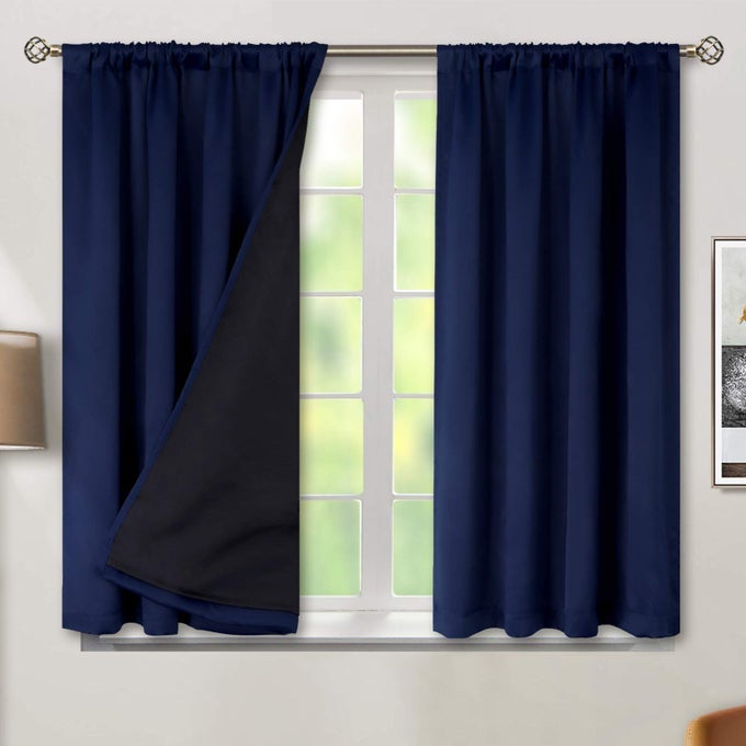 THERMAL INSULATED 100 BLACKOUT CURTAINS FOR BEDROOM WITH BLACK LINER DOUBLE LAYER FULL ROOM DARKENING NOISE REDUCING ROD POCKET CURTAIN 52 X 45 INCH NAVY BLUE 2 PANELS