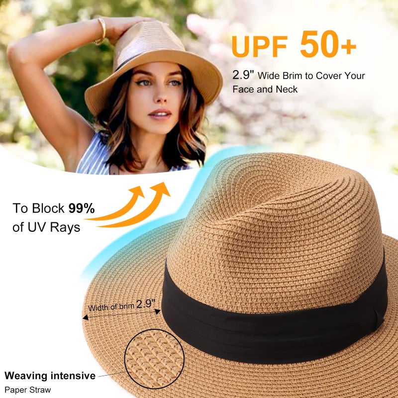 DRESHOW Women Panama Hat Fedora Beach Sun Wide Brim Straw Roll up Hat UPF 50+ - Image 2