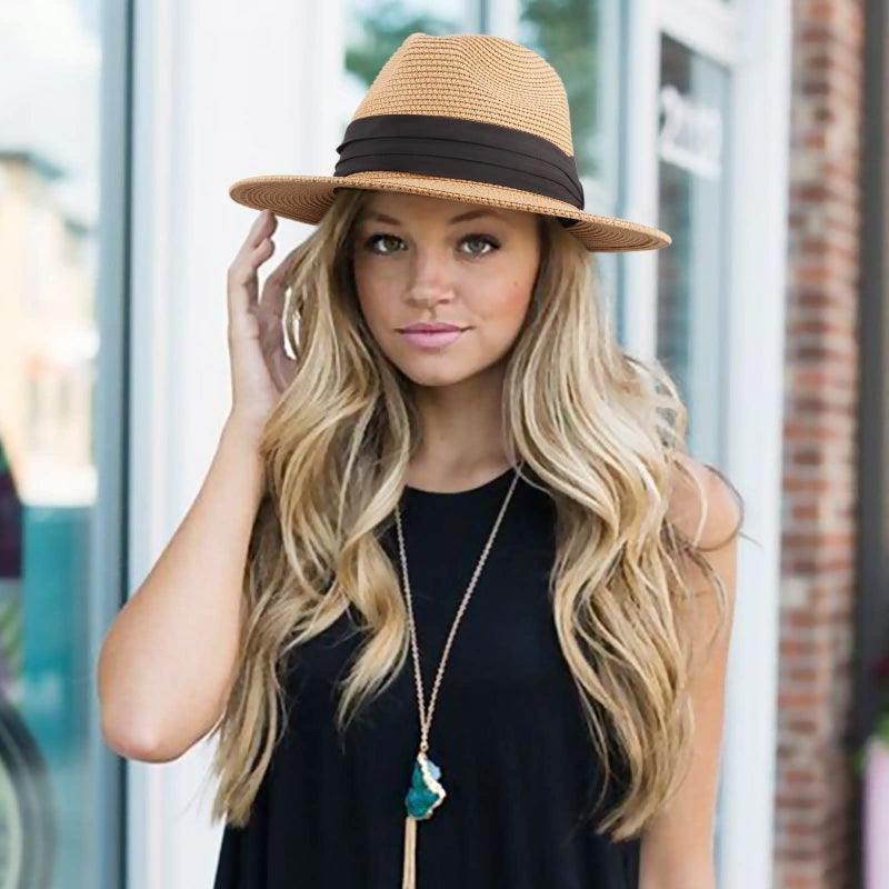 DRESHOW Women Panama Hat Fedora Beach Sun Wide Brim Straw Roll up Hat UPF 50+ - Image 4