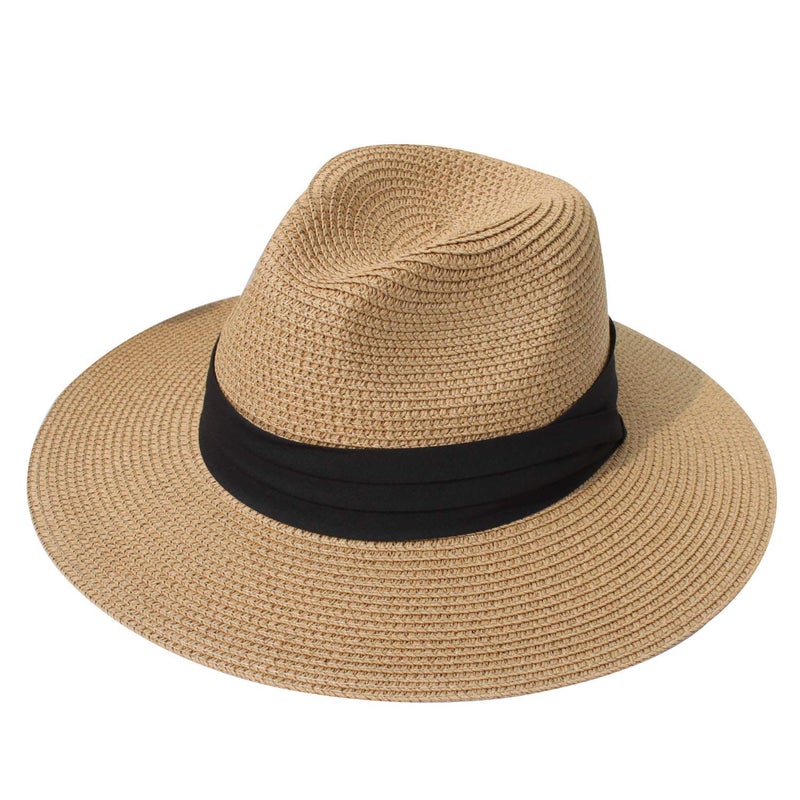DRESHOW Women Panama Hat Fedora Beach Sun Wide Brim Straw Roll up Hat UPF 50+ - Image 1