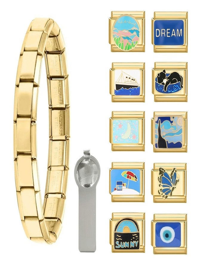 papasgix Italian Charm Bracelet Charms Set Charm Brascelets 9mm Assorted Italian Charms Bracelet Links Handmade DIY Jewelry Gifts(Gold Blue) - Image 1