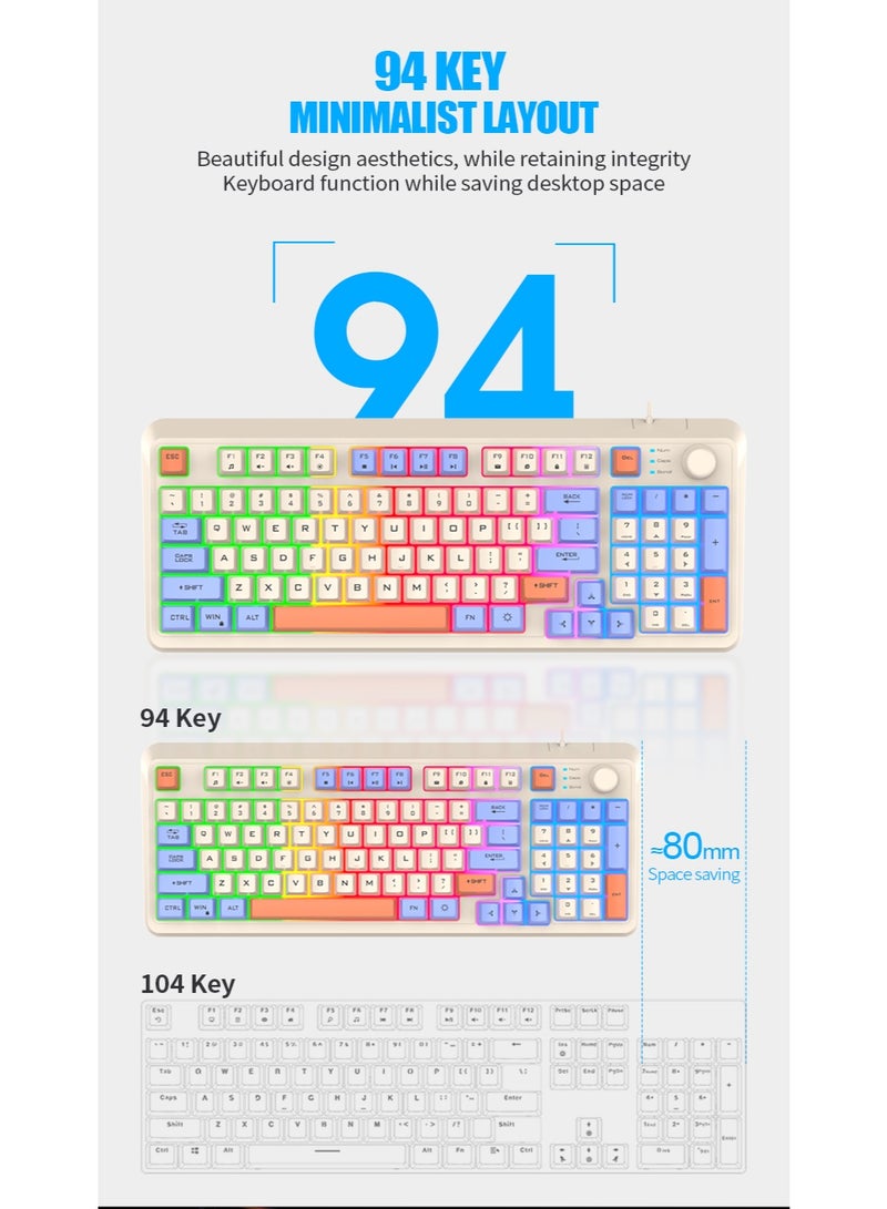 XUNFOX 94 Key Wired Keyboard Membrane Gaming Office Keyboard Suit,  Built-in Volume Adjustment Knob RGB Light Effect Computer Keyboard with Mouse - Image 5