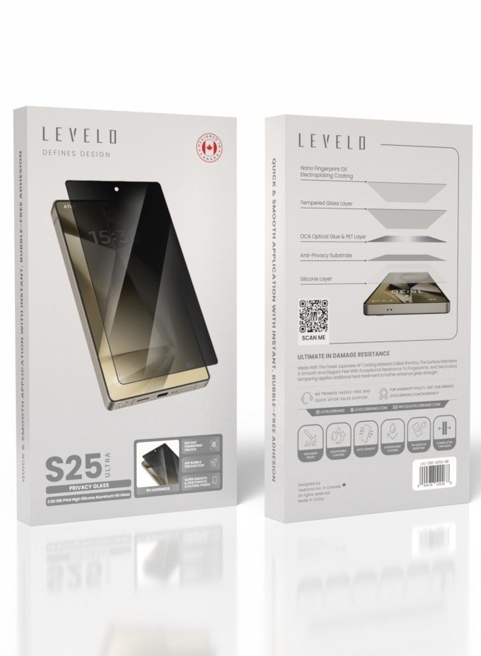 ليفيلو واقي شاشة الخصوصية S25 Ultra بطباعة حريرية ثلاثية الأبعاد من الألومنيوم عالي السيليكون وزجاج رفيع للغاية / طلاء فائق النعومة والاستجابة / منع فقاعات الهواء / فتح فوري ببصمة الإصبع - أسود - Image 2