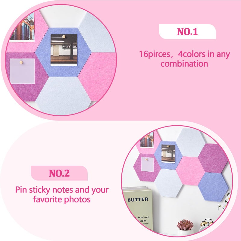 Mindsoft 16 Pcs Hexagon Cork Board for Walls with 50 Wooden Push Pins 6.7 x 5.9 in Felt DIY Tiles Notice with Nano Tape Hanging Bulletin Board for Home Photo Office Memo Note (Pink) - Image 5