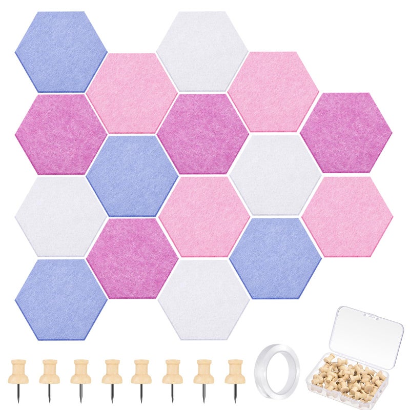 Mindsoft 16 Pcs Hexagon Cork Board for Walls with 50 Wooden Push Pins 6.7 x 5.9 in Felt DIY Tiles Notice with Nano Tape Hanging Bulletin Board for Home Photo Office Memo Note (Pink) - Image 1