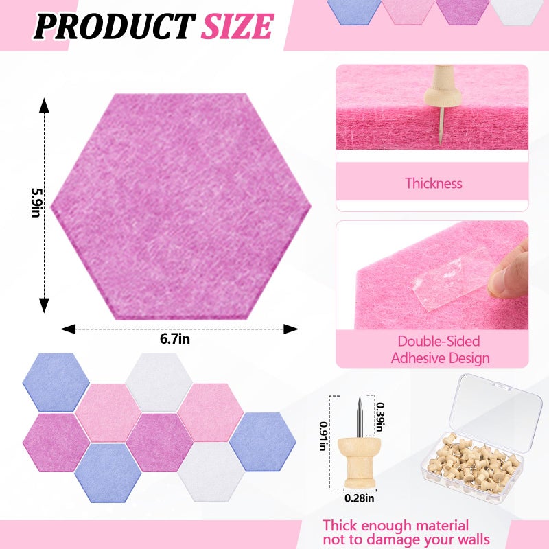 Mindsoft 16 Pcs Hexagon Cork Board for Walls with 50 Wooden Push Pins 6.7 x 5.9 in Felt DIY Tiles Notice with Nano Tape Hanging Bulletin Board for Home Photo Office Memo Note (Pink) - Image 2