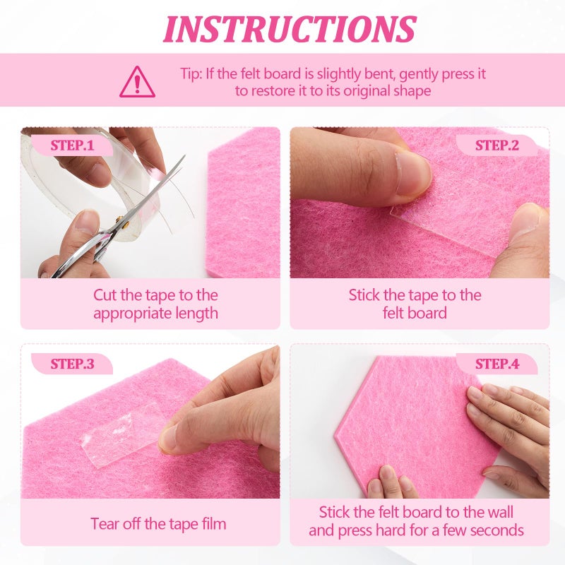 Mindsoft 16 Pcs Hexagon Cork Board for Walls with 50 Wooden Push Pins 6.7 x 5.9 in Felt DIY Tiles Notice with Nano Tape Hanging Bulletin Board for Home Photo Office Memo Note (Pink) - Image 4