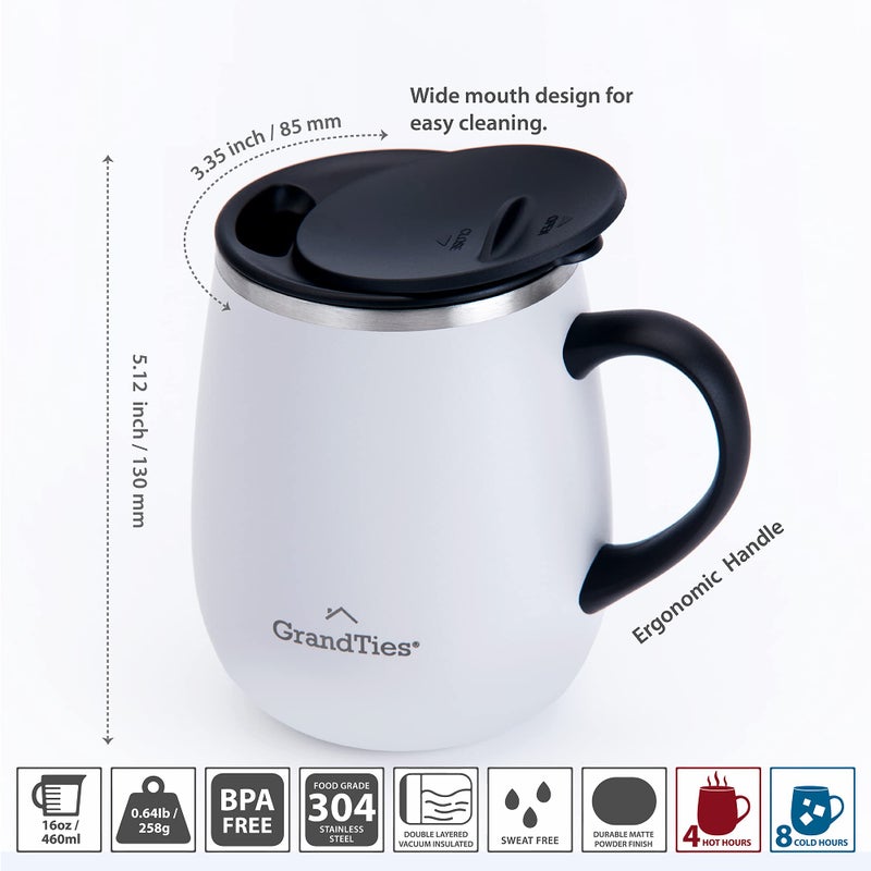 GRANDTIES Insulated Coffee Mug with Handle - Sliding Lid for Splash-Proof 16 oz Wine Glass Shape Thermos Tumbler with Double Walled Vacuum Stainless Steel to Keeps Beverages Hot or Cold - Pearl - Image 4