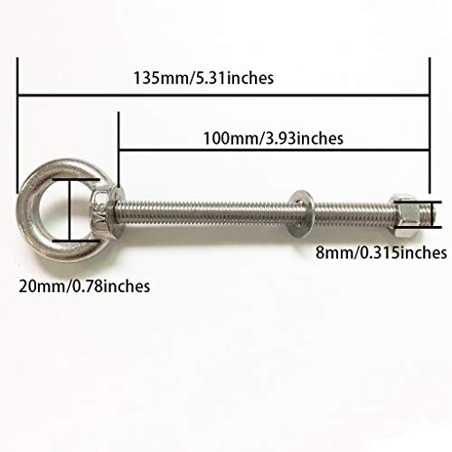 AIVOOF Shoulder Eye Bolt, 4 Pack M8 Stainless Steel Eye Bolts 4" Heavy Duty EyeBolts Screws in Eye Hooks with Washer and Nuts for Lifting and securing Cables Wires, Long Shank Thread Length 100mm - Image 5