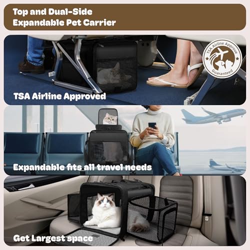 SHARLOVY Top and 2 Sides Expandable Pet Carrier 17x11x9.5, TSA Airline Approved Small Dog Carriers for Small Dogs, Soft-Sided Cat Carrier with Self-Locking Zippers for Kitten,Rabbit, Puppy, Guinea Pig Black - Image 2