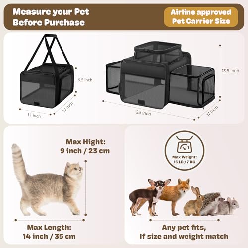 SHARLOVY Top and 2 Sides Expandable Pet Carrier 17x11x9.5, TSA Airline Approved Small Dog Carriers for Small Dogs, Soft-Sided Cat Carrier with Self-Locking Zippers for Kitten,Rabbit, Puppy, Guinea Pig Black - Image 4