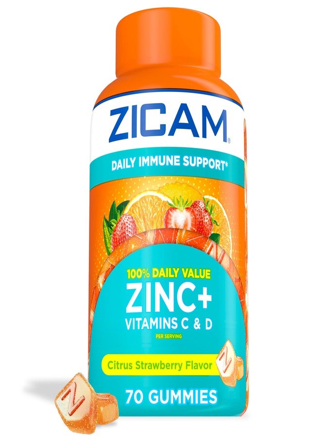 Zicam Daily Immune Support, Gummy Supplement, Zinc, Vitamin C and Vitamin D, Citrus Strawberry Flavor, 70 Count - Image 1