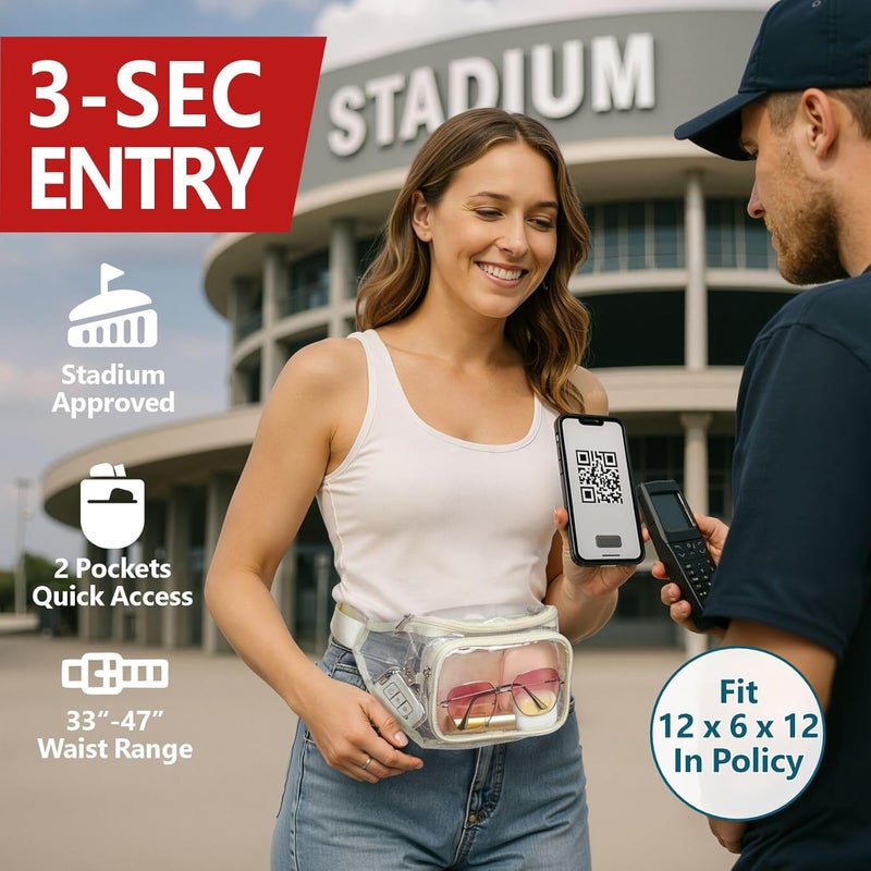 Veckle Clear Fanny Pack Stadium Approved - Waist Range 33” - 47“ Transparent Belt Bag for Women Men Clear Bag for Stadium Events, Adjustable Waist Bag for Sports, Concerts, Cream White - Image 2